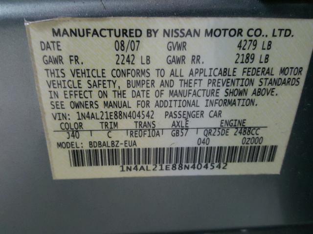 1N4AL21E88N404542 - 2008 NISSAN ALTIMA 2.5 GREEN photo 10