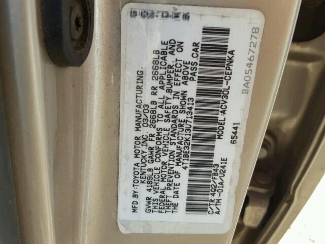 4T1BE32K13U713413 - 2003 TOYOTA CAMRY LE GOLD photo 10