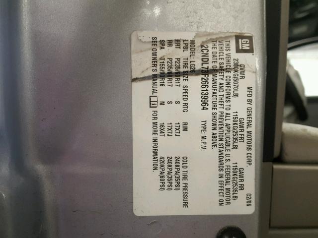 2CNDL73F266139964 - 2006 CHEVROLET EQUINOX LT SILVER photo 10