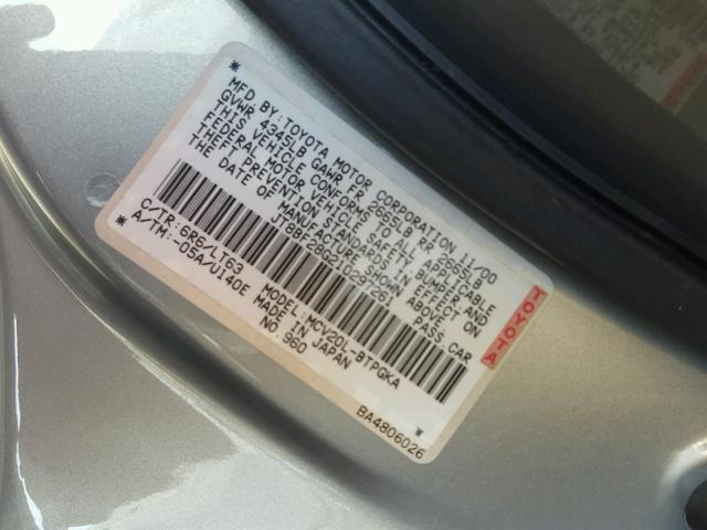 JT8BF28G210297261 - 2001 LEXUS ES 300 GRAY photo 10