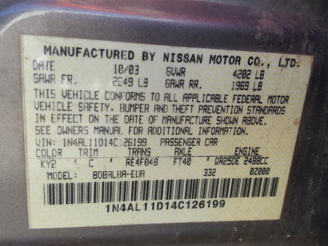 1N4AL11D14C126199 - 2004 NISSAN ALTIMA BAS GOLD photo 10