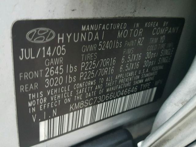 KM8SC73D66U046646 - 2006 HYUNDAI SANTA FE G SILVER photo 10