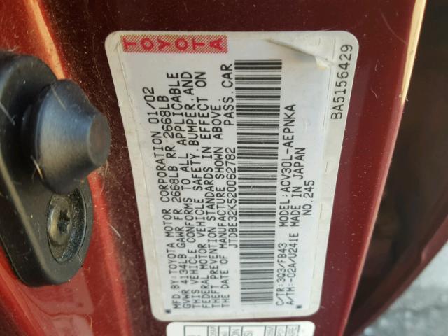 JTDBE32K520062782 - 2002 TOYOTA CAMRY LE RED photo 10