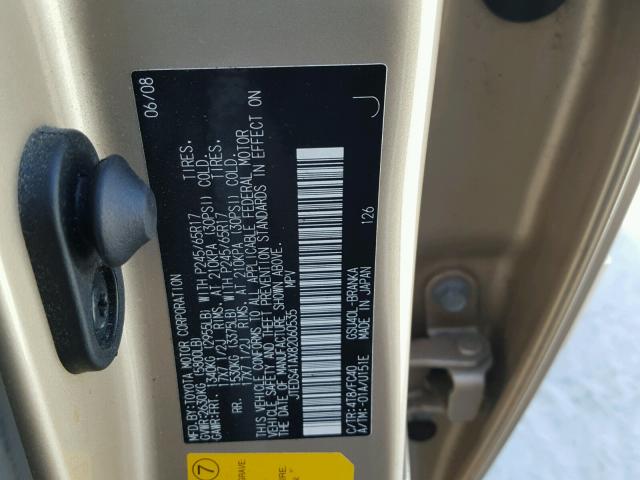 JTEDS41AX82060535 - 2008 TOYOTA HIGHLANDER GOLD photo 10