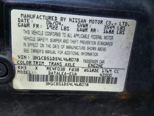 3N1CB51D54L468078 - 2004 NISSAN SENTRA 1.8 BLACK photo 10