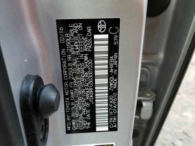 JTDKBRFU3G3007230 - 2016 TOYOTA PRIUS SILVER photo 10