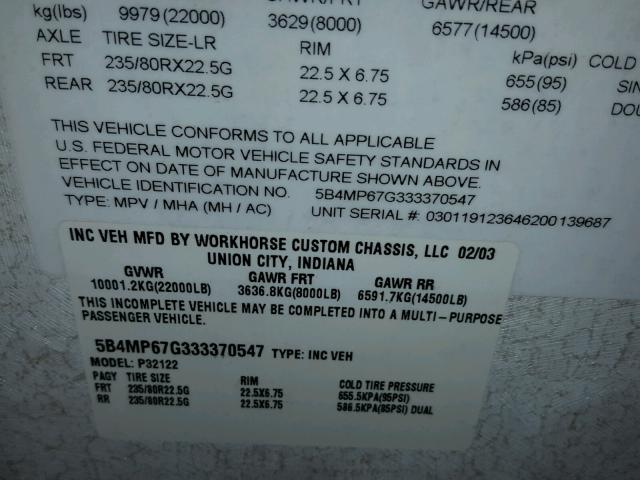 5B4MP67G333370547 - 2003 HOLI VACATIONER WHITE photo 10