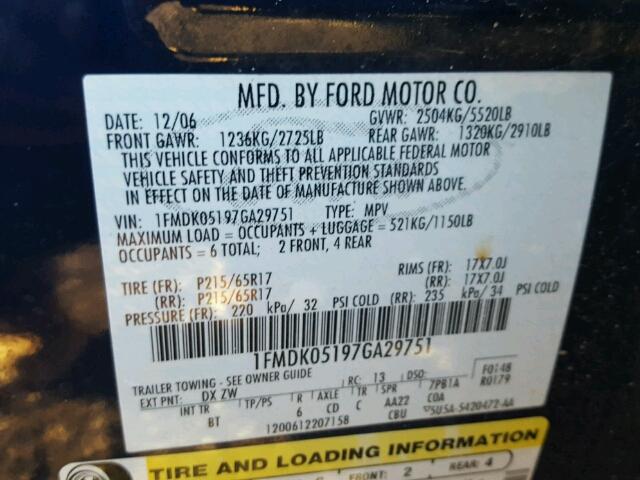 1FMDK05197GA29751 - 2007 FORD FREESTYLE BLUE photo 10