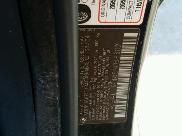 WBAET37485NJ85302 - 2005 BMW 325 I BLACK photo 10