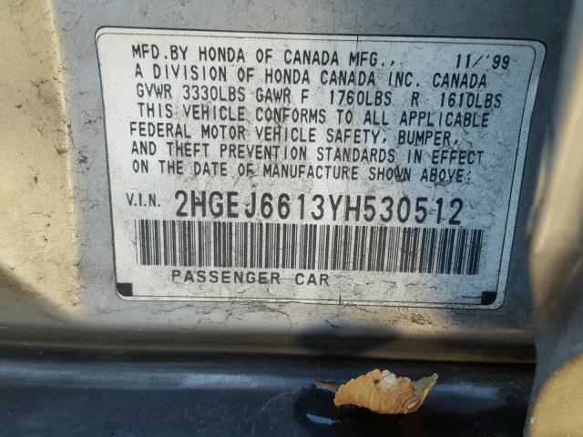 2HGEJ6613YH530512 - 2000 HONDA CIVIC BASE SILVER photo 10