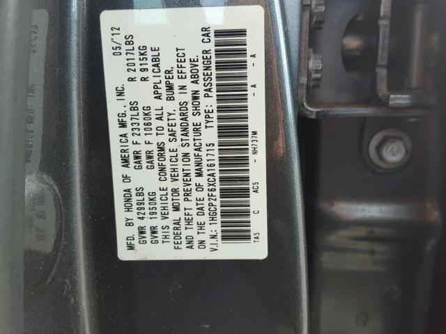 1HGCP2F6XCA161715 - 2012 HONDA ACCORD SE GRAY photo 10