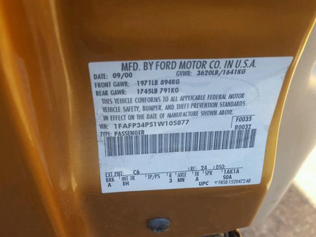 1FAFP34P51W105877 - 2001 FORD FOCUS SE GOLD photo 10