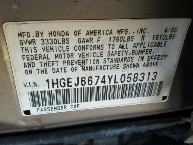 1HGEJ6674YL058313 - 2000 HONDA CIVIC LX SILVER photo 10