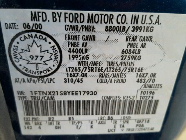 1FTNX21S8YEE17930 - 2000 FORD F250 SUPER BLUE photo 10
