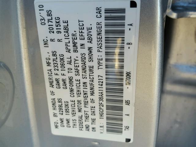 1HGCP2F38AA114217 - 2010 HONDA ACCORD LX SILVER photo 10