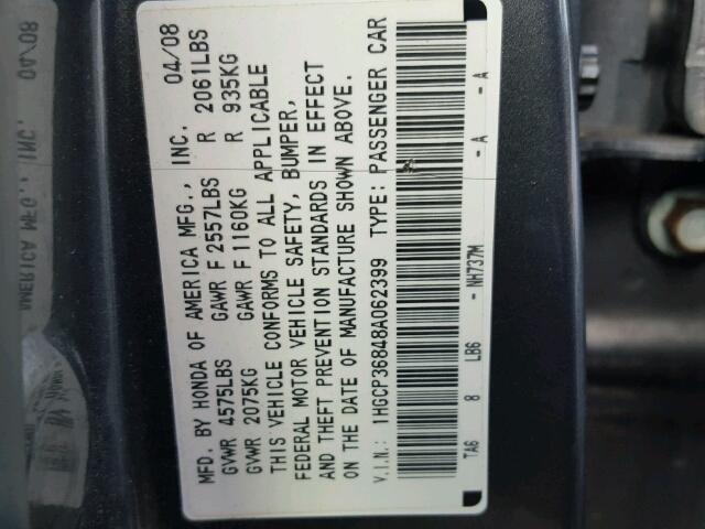 1HGCP36848A062399 - 2008 HONDA ACCORD EXL GRAY photo 10