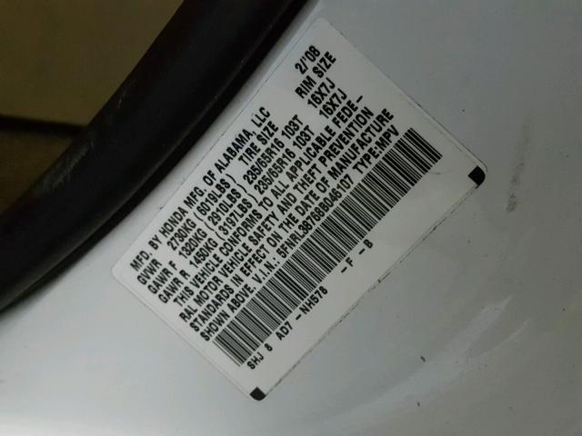 5FNRL38768B046107 - 2008 HONDA ODYSSEY EX WHITE photo 10