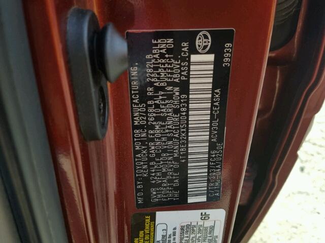 4T1BE32KX5U048319 - 2005 TOYOTA CAMRY LE RED photo 10