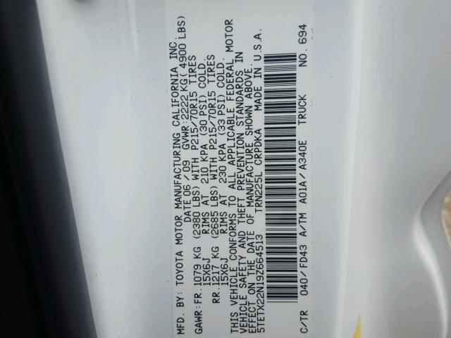 5TETX22N19Z664513 - 2009 TOYOTA TACOMA ACC WHITE photo 10