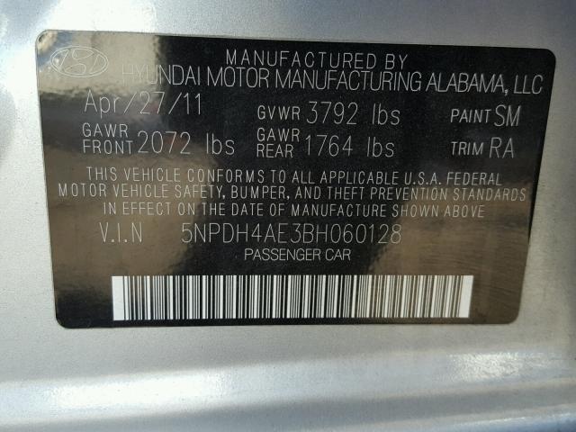 5NPDH4AE3BH060128 - 2011 HYUNDAI ELANTRA GL SILVER photo 10