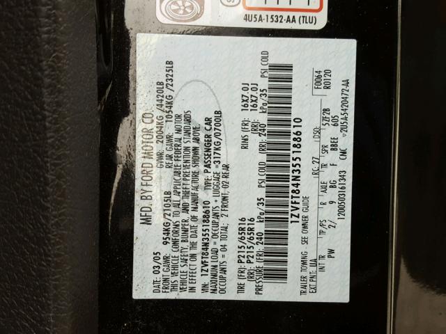 1ZVFT84N355188610 - 2005 FORD MUSTANG BLACK photo 10
