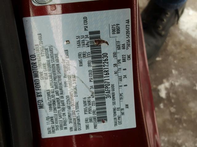 3FAFP07116R122630 - 2006 FORD FUSION SE RED photo 10