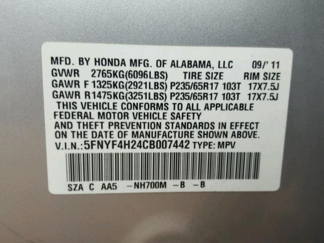 5FNYF4H24CB007442 - 2012 HONDA PILOT LX GRAY photo 10