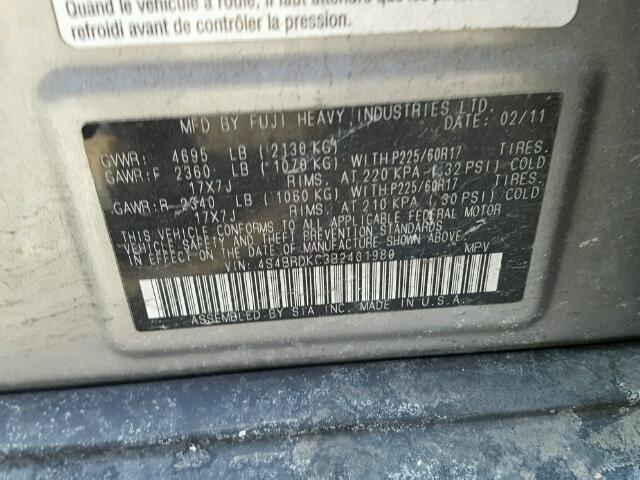 4S4BRDKC3B2401980 - 2011 SUBARU OUTBACK 3. SILVER photo 10