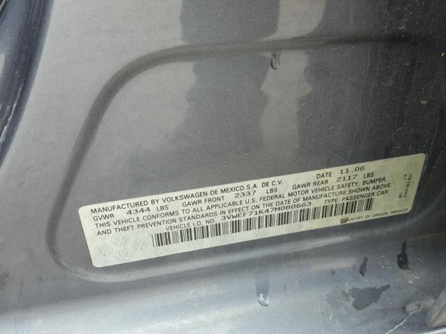 3VWEF71K47M080663 - 2007 VOLKSWAGEN JETTA WOLF GRAY photo 10