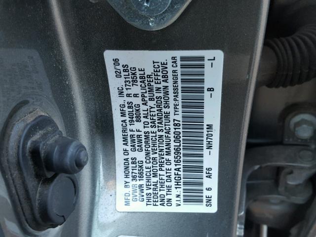 1HGFA16596L060187 - 2006 HONDA CIVIC LX GRAY photo 10