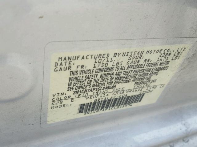 3N1CN7AP1CL845596 - 2012 NISSAN VERSA S SILVER photo 10