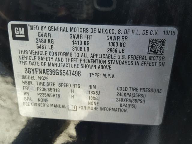 3GYFNAE36GS547498 - 2016 CADILLAC SRX BLACK photo 10