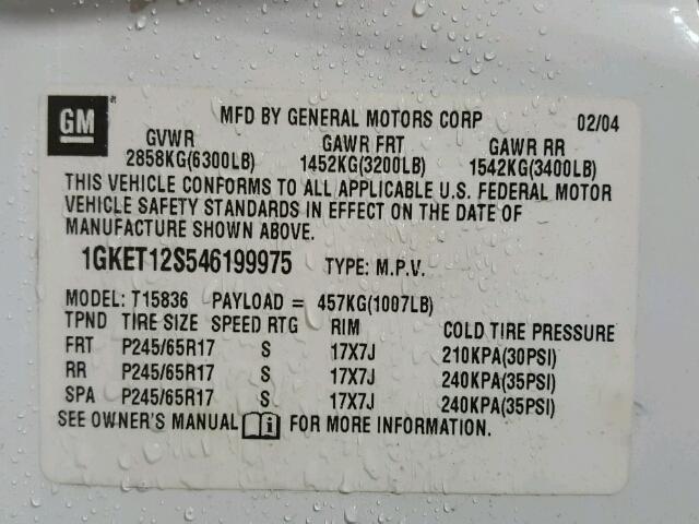 1GKET12S546199975 - 2004 GMC ENVOY XUV WHITE photo 10