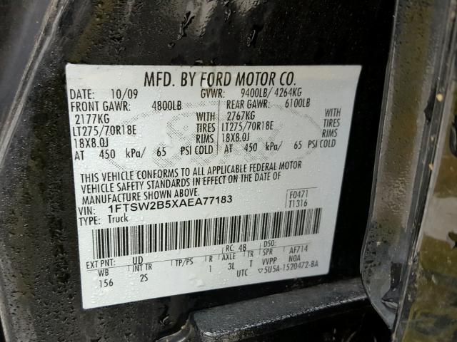 1FTSW2B5XAEA77183 - 2010 FORD F250 SUPER BLACK photo 10