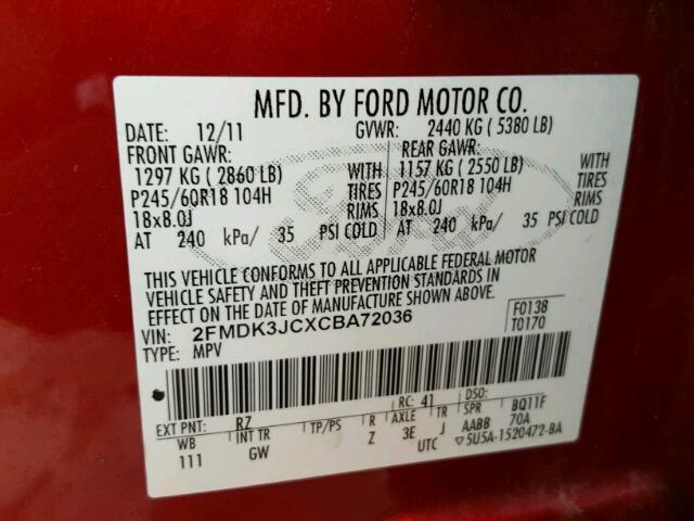 2FMDK3JCXCBA72036 - 2012 FORD EDGE SEL RED photo 10