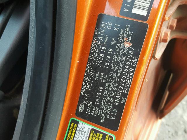 KNADE223396462937 - 2009 KIA RIO BASE ORANGE photo 10