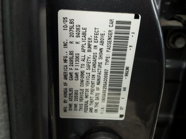 19UUA66256A006987 - 2006 ACURA 3.2TL GRAY photo 10