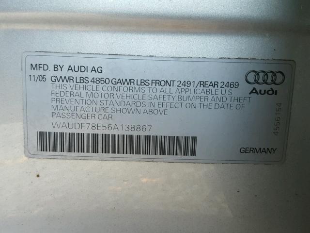 WAUDF78E56A138867 - 2006 AUDI A4 2.0T QU SILVER photo 10