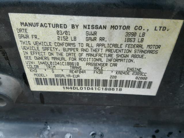 1N4DL01D41C188618 - 2001 NISSAN ALTIMA XE BLACK photo 10