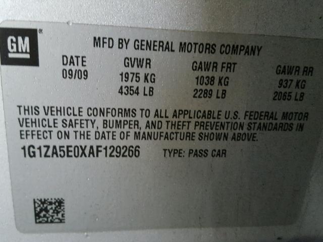 1G1ZA5E0XAF129266 - 2010 CHEVROLET MALIBU LS SILVER photo 10