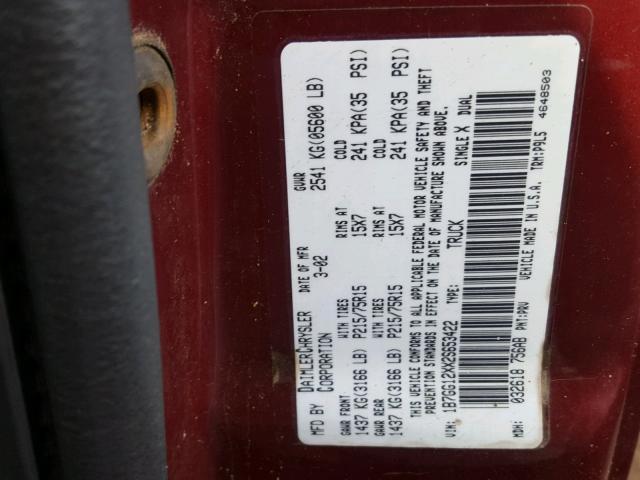 1B7GG12XX2S653422 - 2002 DODGE DAKOTA BAS RED photo 10