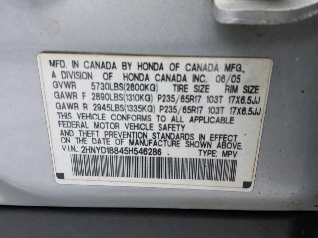 2HNYD18845H546286 - 2005 ACURA MDX TOURIN SILVER photo 10