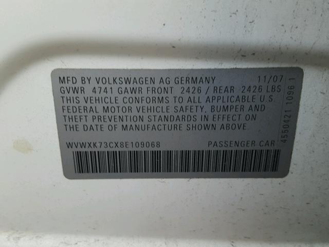 WVWXK73CX8E109068 - 2008 VOLKSWAGEN PASSAT WAG WHITE photo 10