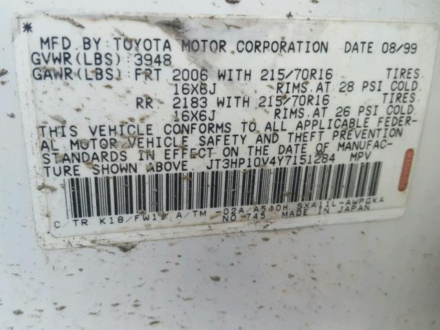 JT3HP10V4Y7151284 - 2000 TOYOTA RAV4 WHITE photo 10