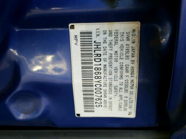 JHLRD1868YC007625 - 2000 HONDA CR-V EX BLUE photo 10