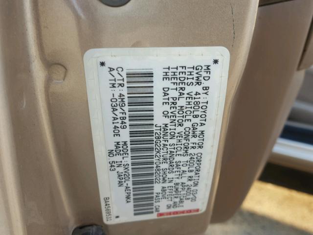 JT2BG22K2Y0482022 - 2000 TOYOTA CAMRY CE TAN photo 10