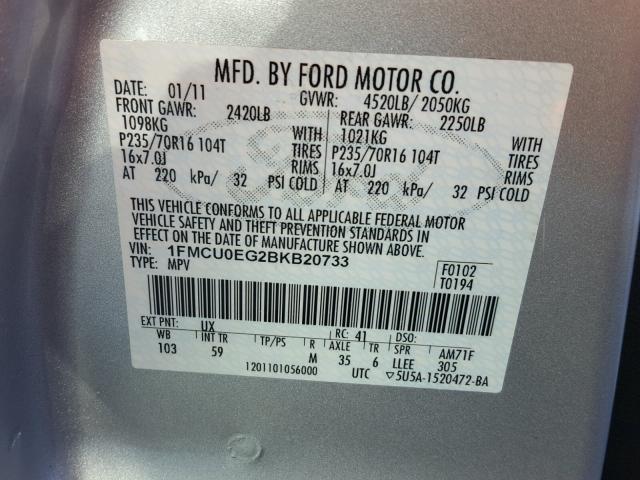 1FMCU0EG2BKB20733 - 2011 FORD ESCAPE LIM SILVER photo 10