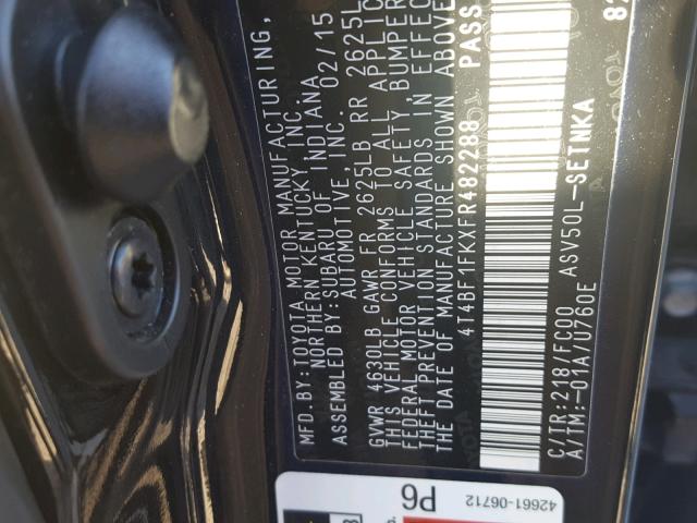 4T4BF1FKXFR482288 - 2015 TOYOTA CAMRY LE 黑色 照片 10