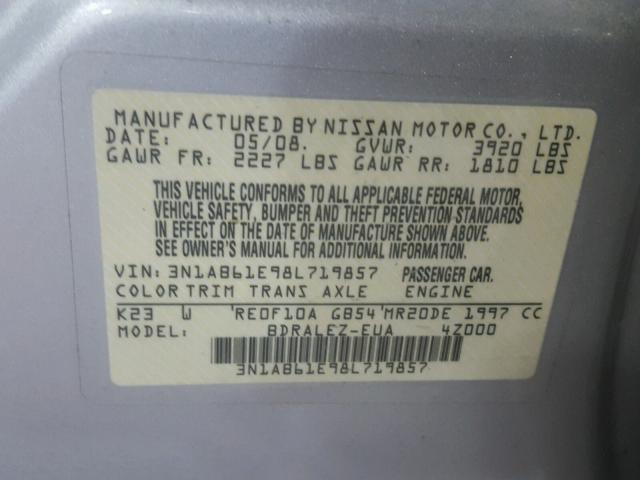 3N1AB61E98L719857 - 2008 NISSAN SENTRA 2.0 SILVER photo 10