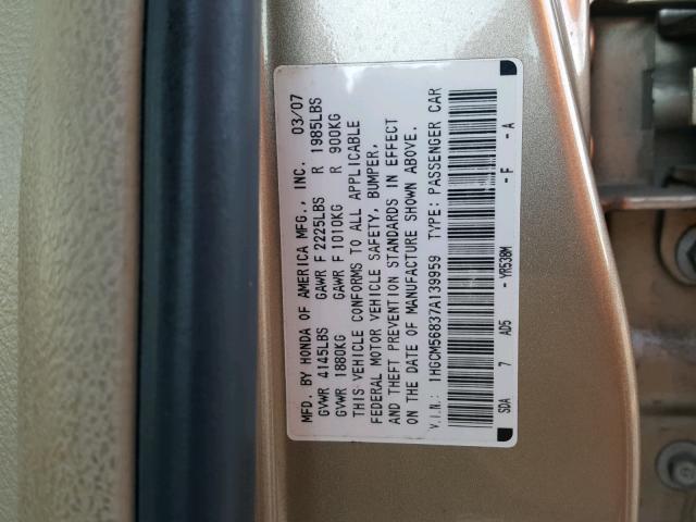 1HGCM56837A139959 - 2007 HONDA ACCORD EX GOLD photo 10